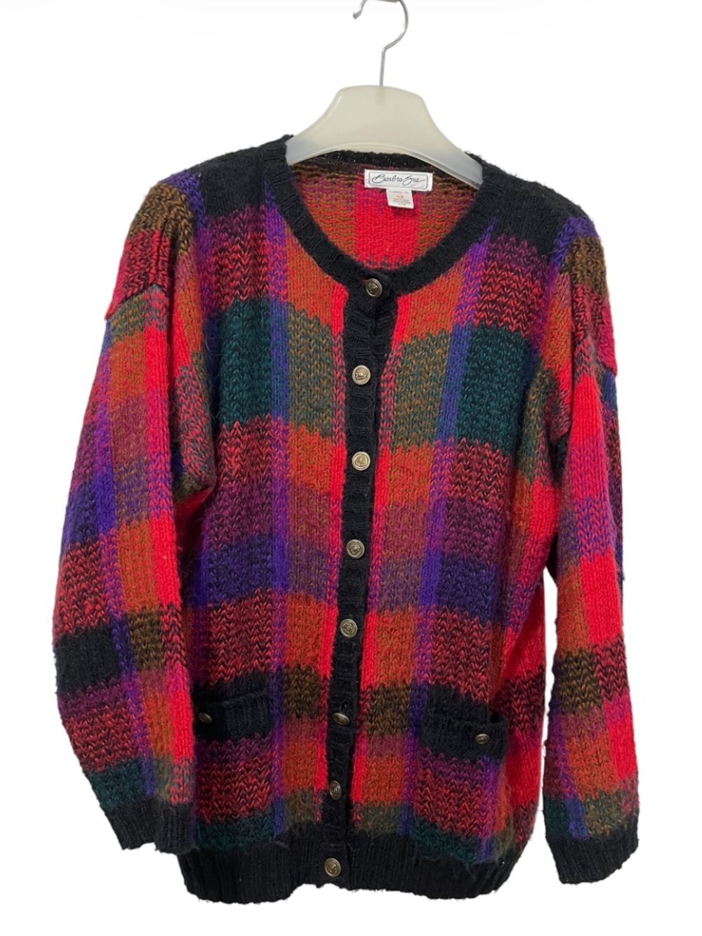Vintage Barbra Sue Multi-Colour Knit Plaid Cardigan Sweater